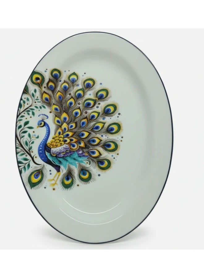 AKDC Luhpar White Ceramic Oval Plate 12 Inch with Peacock Design